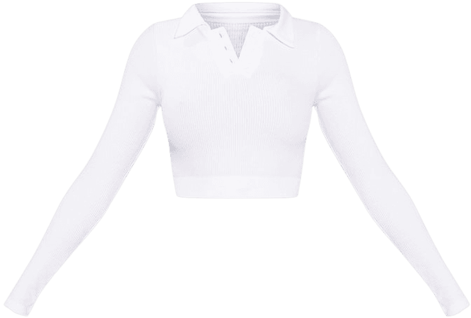 White Contour Rib Button Collar Crop Top | PrettyLittleThing USA