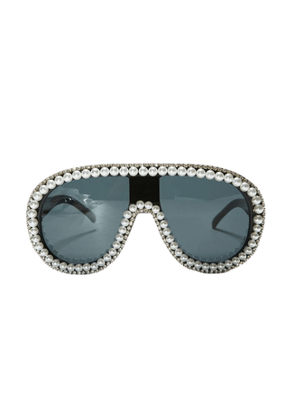 Rhinestone & Pearl Aviator Sunglasses - Black | Dolls Kill