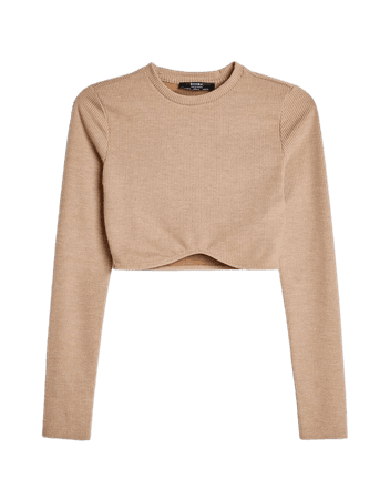 Camel Cropped off-the-shoulder T-shirt - Tees and tops - Woman | Bershka
