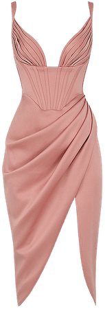 Clothing : Midi Dresses : 'Faye' Rose Satin Pleated Midi Dress