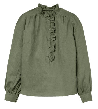 Ruffle Linen Popover Blouse - Alder Green | Boden US