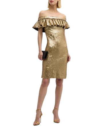 SHO Off-Shoulder Rectangular Sequin Ruffle Midi Dress | Neiman Marcus