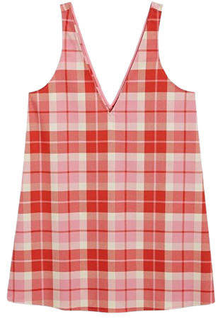 Pink and red checked short v-neck a-line dress - Pink & red checks - Monki WW