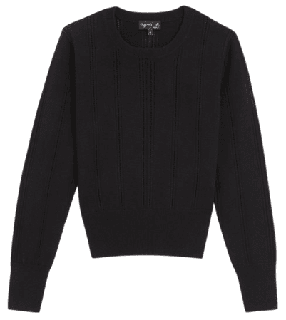 black pointelle crew neck sweater
