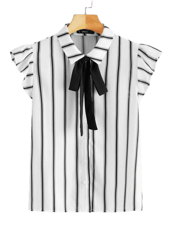 Tie Neck Ruffle Armhole Striped Blouse | SHEIN USA