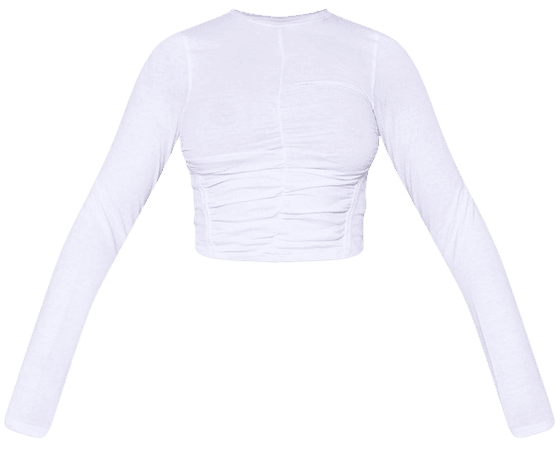 White Cotton Ruched Front Long Sleeve Crop Top | PrettyLittleThing USA