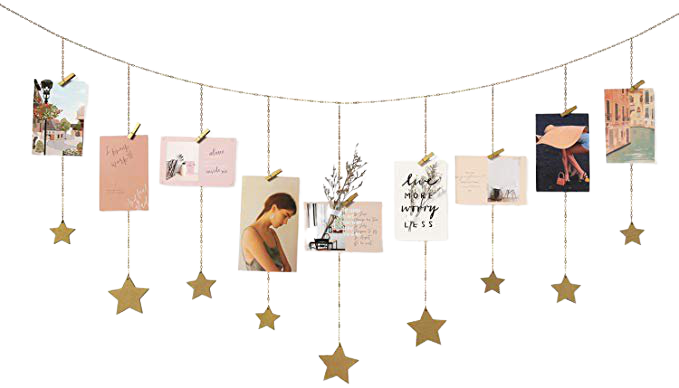 Amazon.com: Mkono Hanging Photo Display Wood Stars Garland with Chains Picture Frame Collage with 30 Wood Clips Wall Art Decoration for Home Office Nursery Room Dorm New Year Holiday Card Display,Gold: Home & Kitchen