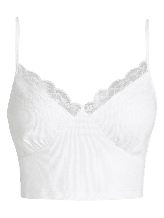 [46% OFF] [HOT] 2020 ZAFUL Lace Panel Ribbed Crop Cami Top In WHITE | ZAFUL