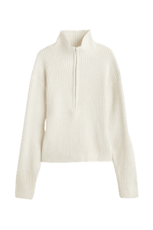 Ribbed Half-zip Mock Turtleneck Sweater - Cream - Ladies | H&M US