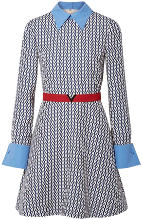 Belted Poplin-trimmed Printed Wool And Silk-blend Mini Dress - Blue