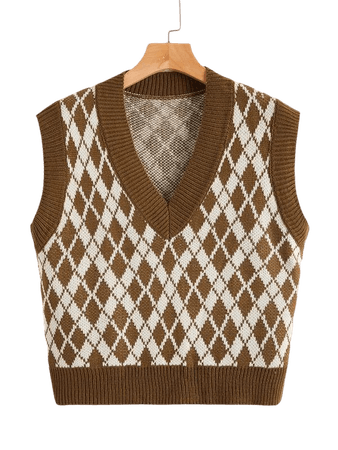 V Neck Argyle Knit Sweater Vest | SHEIN USA brown