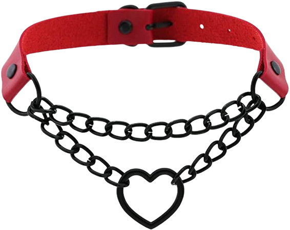 Red Leather Black-tone Gothic Punk Heart Ring Cuban Curb Link Chain Adjustable Neckband Collar Choker