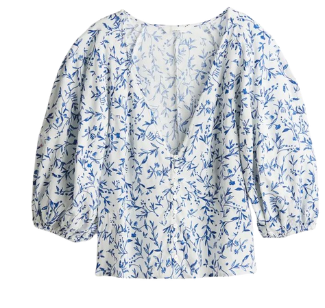 Linen-blend Blouse - V-neck - 3/4 sleeve -White/blue floral -Ladies | H&M US