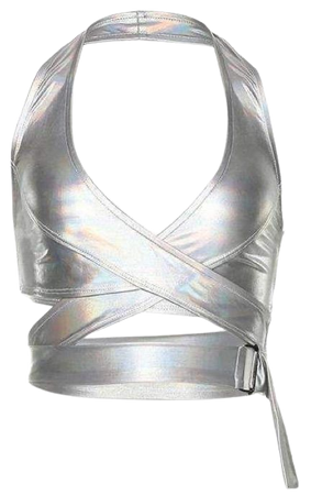 metallic silver cross halter top