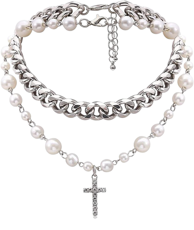 Amazon.com: Pearl Cross Necklace for Women Silver Layered Crystal Cross Pendant Punk Chain Choker Necklace Dainty Jewelry: Clothing, Shoes & Jewelry