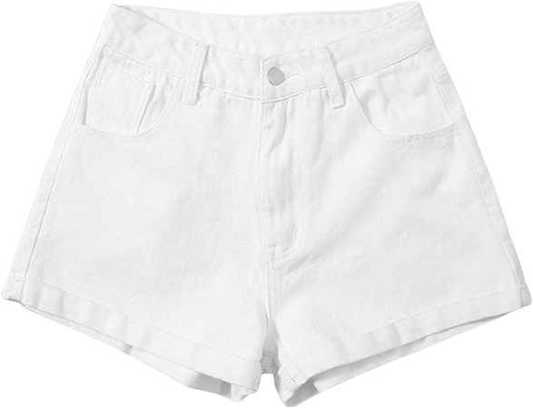 Milumia Women's Casual High Waisted Button Pocket Folded Hem Jeans Denim Shorts White Small at Amazon Women’s Clothing store