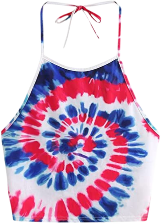 Romwe Women's Sexy Spiral Tie Dye Multicolor Print Backless Tie Halter Top Blue Red White M at Amazon Women’s Clothing store