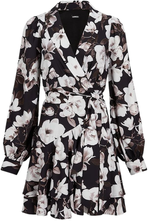 Floral Print Long Sleeve Tie Waist Ruffle Mini Dress | Express