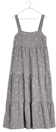 Embroidered Tiered Midi Dress in Gingham Check