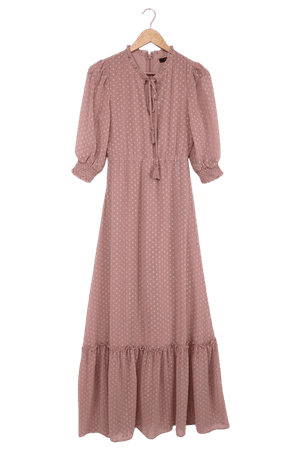 Mauve Pink Maxi Dress - Ruffled Dress - 3/4 Sleeve Dotted Dress - Lulus