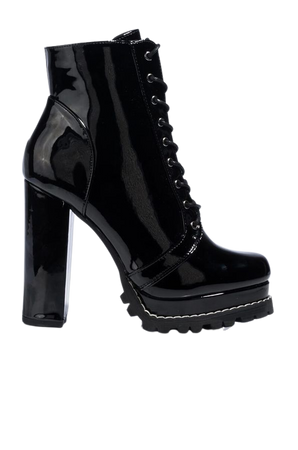 AKIRA Label Patent Exterior Lace Up Platform Ankle Bootie in Black