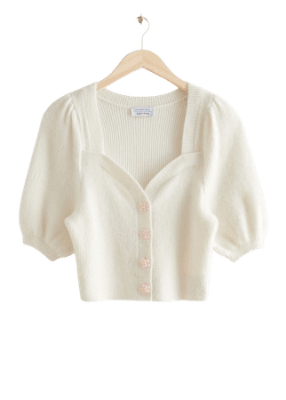 Floral Button Puff Sleeve Cardigan - Cream - Cardigans - & Other Stories