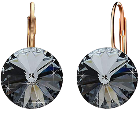 Swarovski Crystal Round Drop Earrings for Women 14K Gold Plated Hypoallergenic Leverback Hoop Earrings (Black)