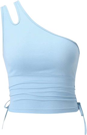 Verdusa Women's Cut Out One Shoulder Sleeveless Drawstring Side Crop Tank Top Light Blue M at Amazon Women’s Clothing store