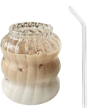 Iced Coffee Cup with Straw 18 oz Glass Clear Ripple Coffee Mug with Glass Straw and Straw Cleaner Brush Ribbed Glassware Boba Cup Smoothie Cup Water Glasses : Home & Kitchen