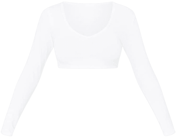 Essential White Cotton Long Sleeve V Crop Top | PrettyLittleThing USA