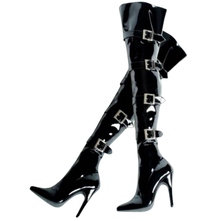 Black Buckle Boots Patent Leather Pointy Toe Sexy Thigh High Boots