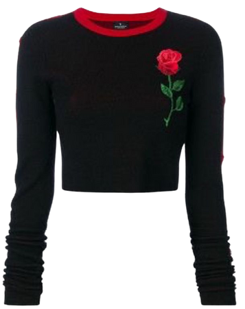 red collared black long-sleeve rose top