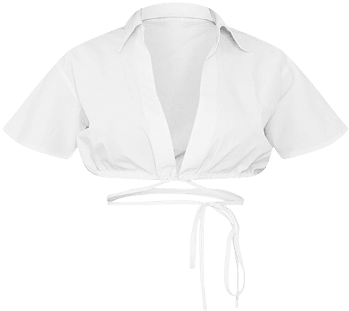 White Cotton Poplin Drawstring Waist Crop Shirt | PrettyLittleThing USA