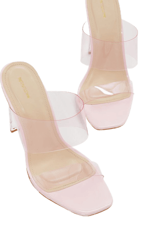 Pink Wide Fit Tinted Clear Twin Strap Mule Heels | PrettyLittleThing USA