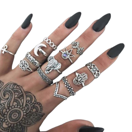 hippie rings - silver - black nails