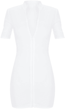 Black Zip Front Rib Short Sleeve Bodycon Dress | PrettyLittleThing USA