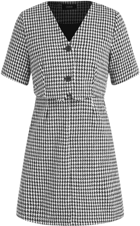 Tweed V-neck Houndstooth Button Mini Dress - Cider