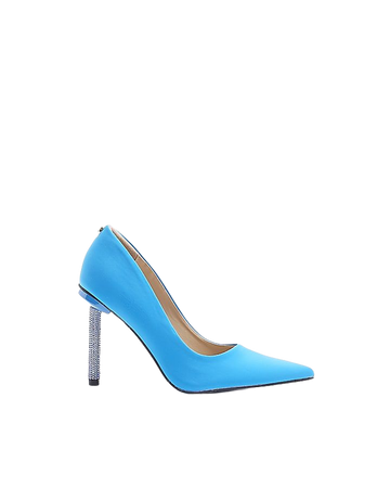 Blue satin embellished heeled court shoes | River Island
