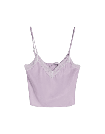 Satin camisole top with blonde lace neckline - T-shirts - Woman | Bershka