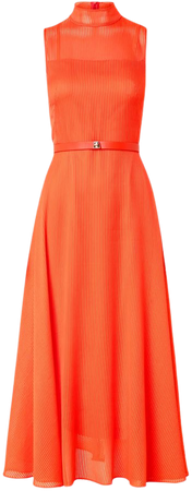 Akris Belted Cotton-Silk Midi Dress with Organza Stripes | Neiman Marcus