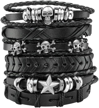 Amazon.com: Manfnee 6Pcs Braided Leather Bracelet for Men Women Punk Rock Skull Bracelets Adjustable Black: Clothing, Shoes & Jewelry
