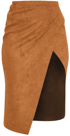 Dark Camel Faux Suede Extreme Split Wrap Midi Skirt | PrettyLittleThing USA