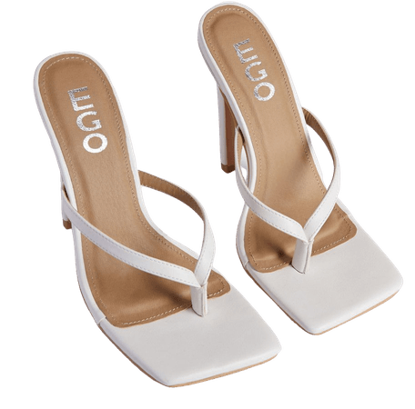 Missy Square Toe Thong Heel Mule In White Faux Leather | EGO