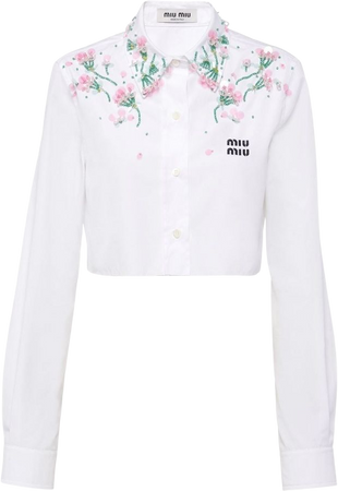 Miu Miu floral-embellished Cropped Poplin Shirt - Farfetch