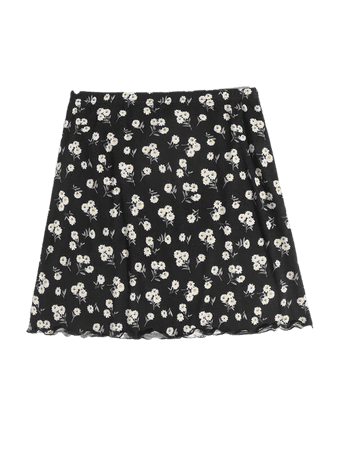 Daisy Print Lettuce Edge Skirt | SHEIN USA black