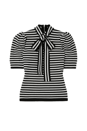 Pussy-bow Striped Cashmere-blend Top - Black