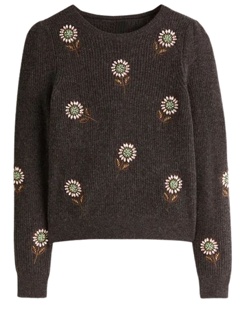 Grey Embellished Flower Ribbed Sweater - Charcoal, Embellished Flowers | Boden US