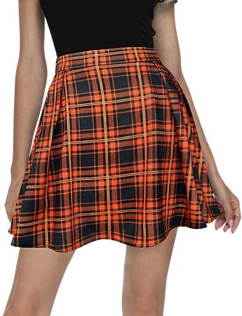 Urban CoCo Women Plaid Pleated Mini Skater Skirt High Waisted School Skirt (Orange, M) at Amazon Women’s Clothing store