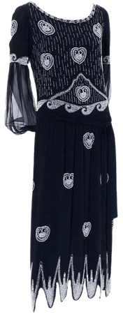 Art Deco 1920s Beaded Black Vintage Dress W/ Handkerchief Hem & Sheer Sleeves