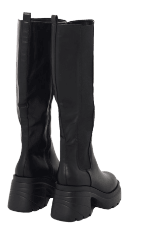 Black Pu Chunky Chelsea Heeled Knee Boots | PrettyLittleThing CA